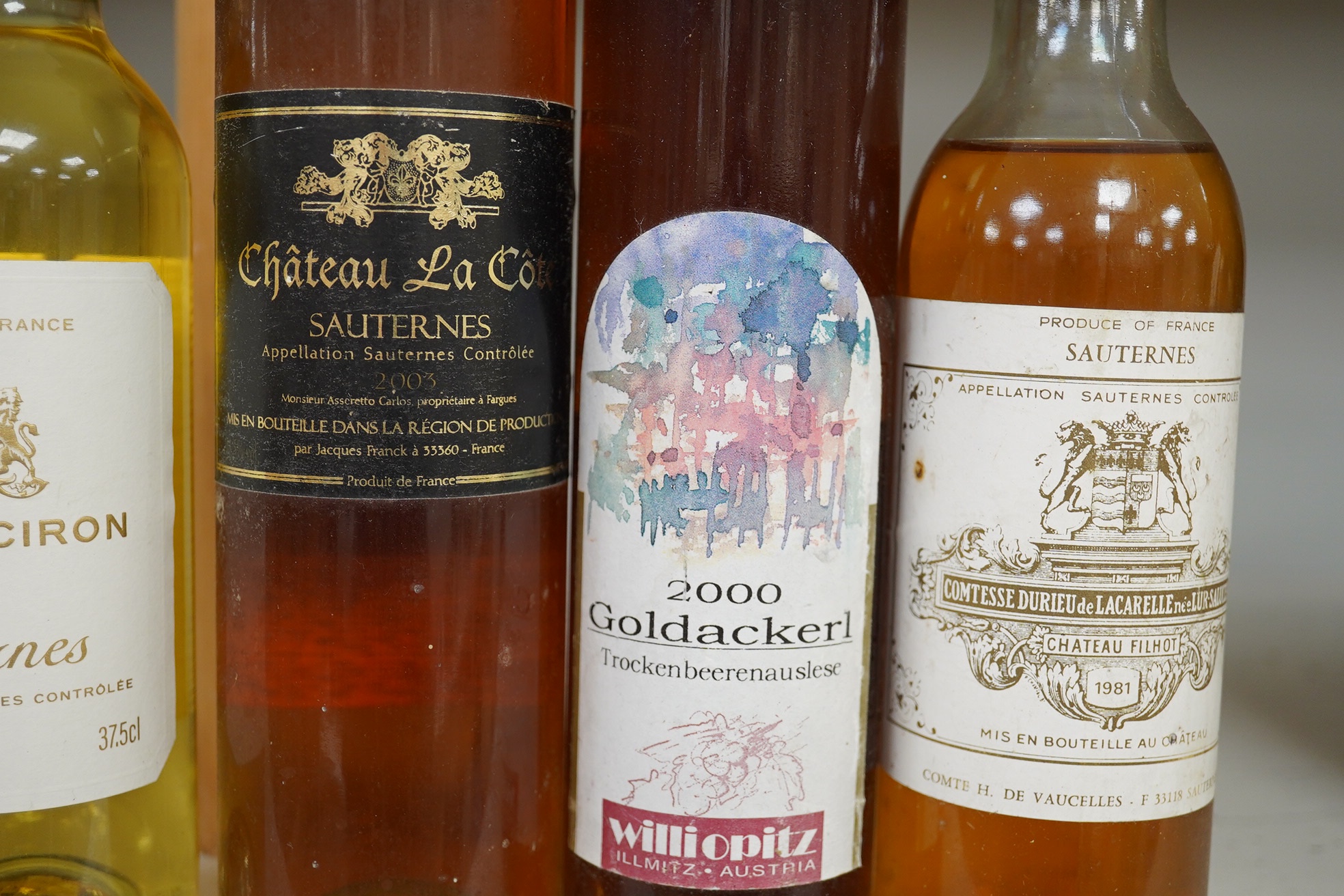 Four half bottles of Sauternes/dessert wine; Chateau Filhot 1981, L'or du Ciron 2016, Chateau La Cote & Goldackerl 2000